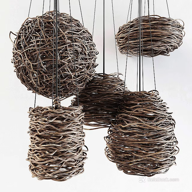 Natural Dark Brown Twig Woven Round Chandeliers With Intricate Woven Texture Hanging 3d model 