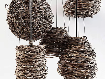 Natural Dark Brown Twig Woven Round Chandeliers With Intricate Woven Texture Hanging 3d model