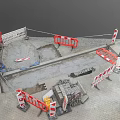 Construction Site Pavement With Red Barriers Warning Signs Gravel And Excavation Area