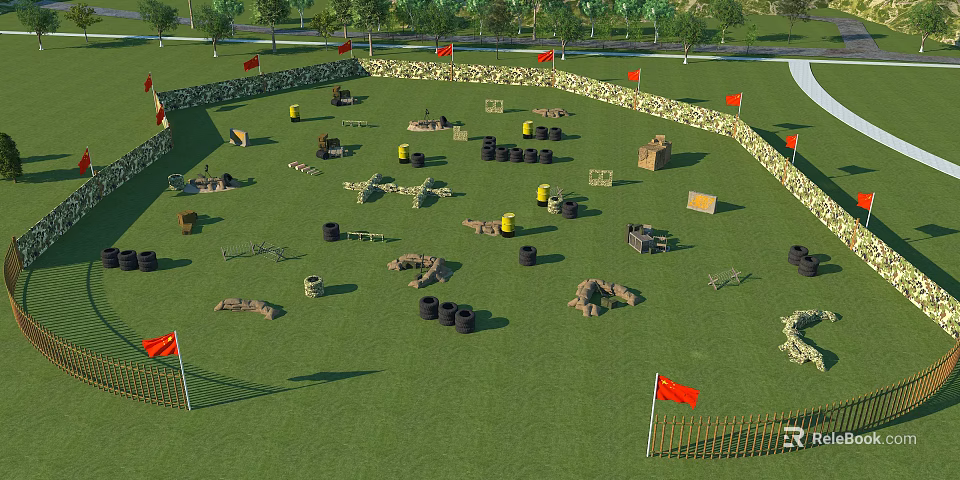 Outdoor Obstacle Training Course With Green Grass Red Flags Tires Trenches And Wooden Boxes 3d model 