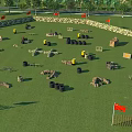 Outdoor Obstacle Training Course With Green Grass Red Flags Tires Trenches And Wooden Boxes