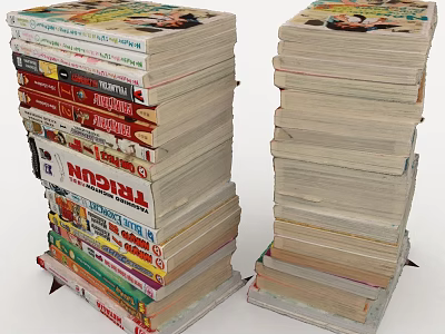 Two Tall Stacks Of Vintage Books With Colorful Covers And Pages 3d model