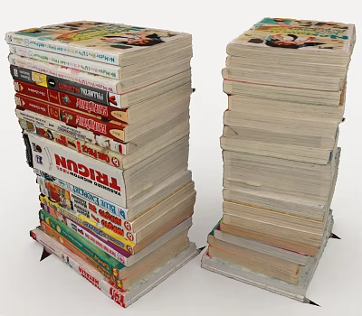 Two Tall Stacks Of Vintage Books With Colorful Covers And Pages 3d model