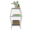 White Three Tiered Storage Shelf with Potted Plant Colorful Books and Wicker Basket