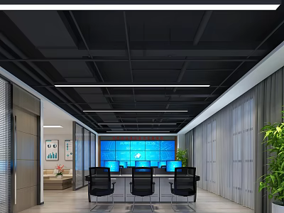 Modern Control Room Interior with Blue Monitoring Screens and Ergonomic Chairs 3d model