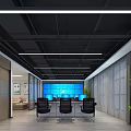 Modern Control Room Interior with Blue Monitoring Screens and Ergonomic Chairs