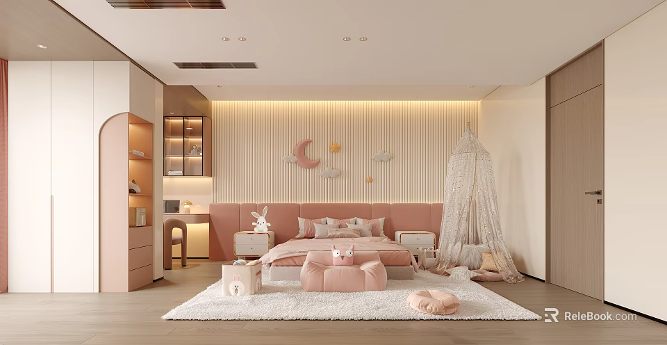 Cozy Children's Room With Pink Bed Moon Sun Decor White Canopy And Soft Lighting 3d model 