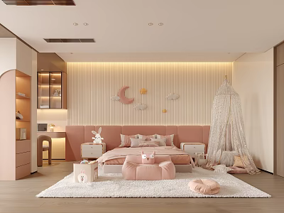 Cozy Children's Room With Pink Bed Moon Sun Decor White Canopy And Soft Lighting 3d model