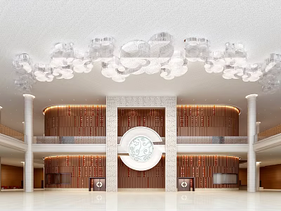 Elegant Spacious Hotel Lobby Featuring Crystal Chandeliers Round Artwork Wooden Walls And Marble Columns 3d model