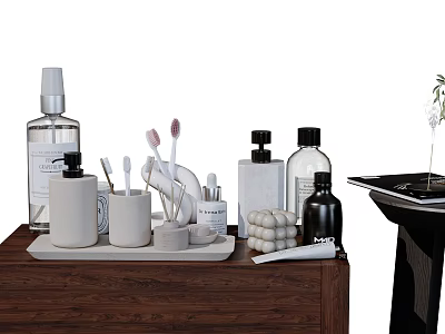 Modern Bathroom Set With Toothbrushes Toothpaste And Accessories On Wooden Countertop 3d model