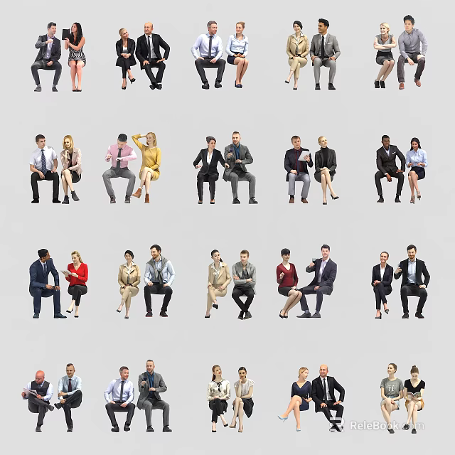 Group of People in Various Poses and Professional Attire on Gray Background 3d model 