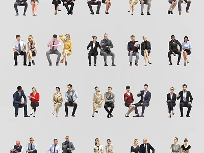 Group of People in Various Poses and Professional Attire on Gray Background 3d model