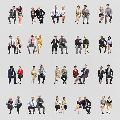 Group of People in Various Poses and Professional Attire on Gray Background 3d model