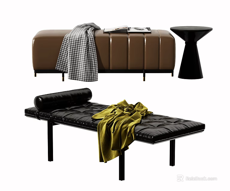 Stylish Brown And Black Leather Daybeds With Plaid Yellow Blankets And Small Round Table 3d model 