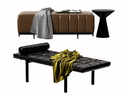 Stylish Brown And Black Leather Daybeds With Plaid Yellow Blankets And Small Round Table 3d model