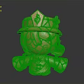 Golden Cartoon Character 3D Statue With Crown Armor And Cracked Texture On Reflective Base