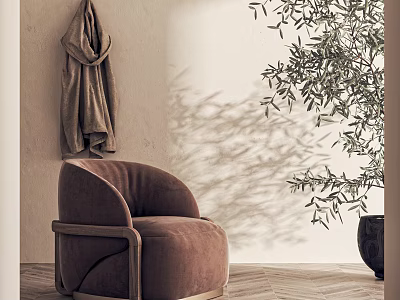 Brown Velvet Armchair In Beige Wall Room With Hanging Coat And Olive Tree 3d model