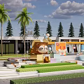 Modern Commercial Landscape Design With Palm Trees Outdoor Seating And Green Walkways