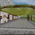 Scenic School Building Corridor With Vine Covered Pergola Columns And Stone Pavement