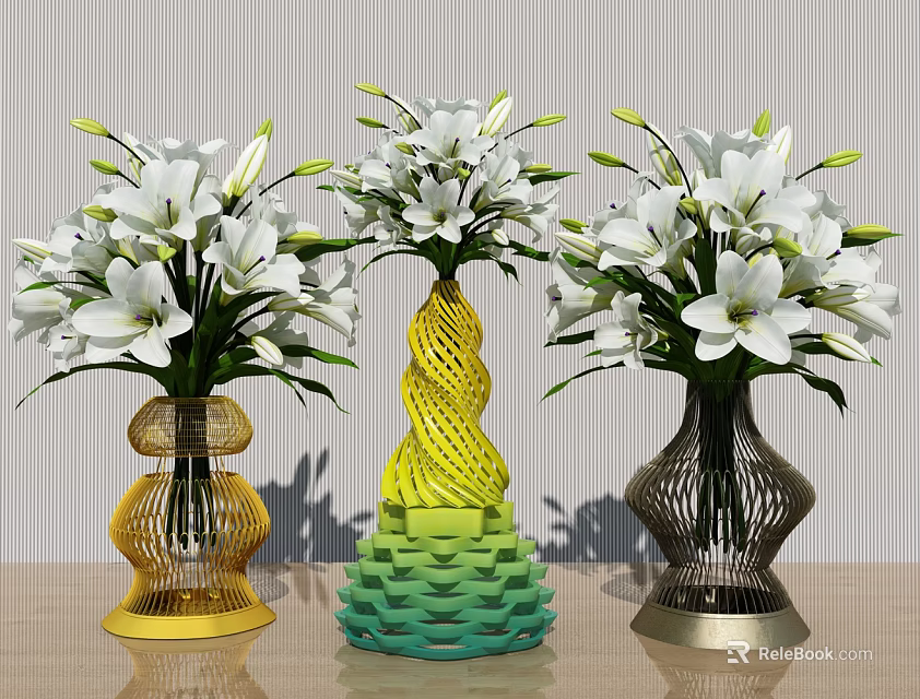 Three Colorful Vases With White Lily Flowers Twisted Layered Designs On Wooden Table 3d model 