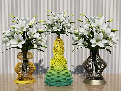 Three Colorful Vases With White Lily Flowers Twisted Layered Designs On Wooden Table 3d model