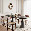 Elegant Black Dining Table Set With Tapered Legs Wooden Woven Chairs Decorative Mirror And Rug