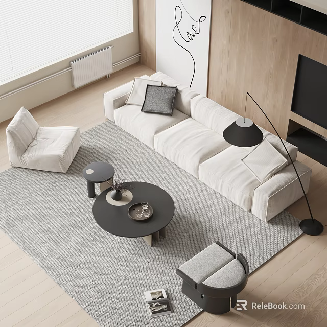 Modern Living Room With Black Coffee Table White Sofa And Gray Rug 3d model 