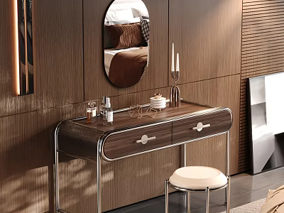 Elegant Dressing Table With Round Mirror Decorative Items On Wooden Wall And Metal Legs Stool 3d model
