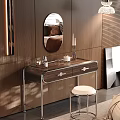 Elegant Dressing Table With Round Mirror Decorative Items On Wooden Wall And Metal Legs Stool