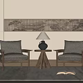 Pair of Modern Accent Chairs With Wooden Frame Gray Cushions Side Table Lamp Open Book