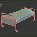 White Frame Hospital Bed With Blue Mattress Armrests And Movable Wheels