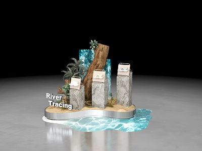 River Tracing Themed Store with Stone Display Stands Green Plants and Water Features 3d model