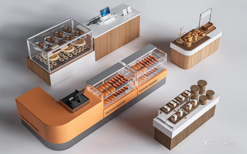Modern Bakery Cashier Counter With Glass Display Cases And Fresh Bread Donuts 3d model 