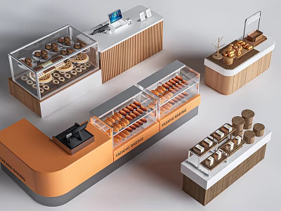 Modern Bakery Cashier Counter With Glass Display Cases And Fresh Bread Donuts 3d model