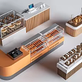 Modern Bakery Cashier Counter With Glass Display Cases And Fresh Bread Donuts