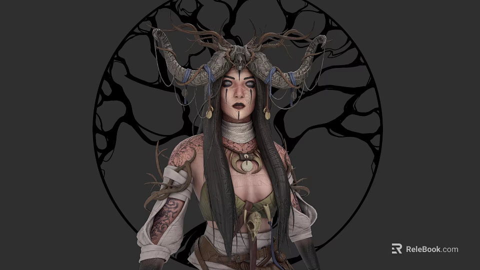 Mystical Game Movie Character With Antler Horns Tattoos Long Hair And Circular Tree Background 3d model 