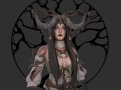 Mystical Game Movie Character With Antler Horns Tattoos Long Hair And Circular Tree Background 3d model