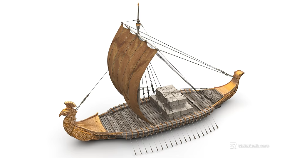 Ancient Sailing Ship with Golden Decorative Prow Brown Canvas Sail Cargo Boxes and Wooden Oars 3d model 