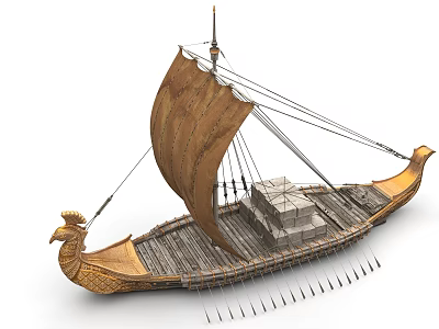 Ancient Sailing Ship with Golden Decorative Prow Brown Canvas Sail Cargo Boxes and Wooden Oars 3d model