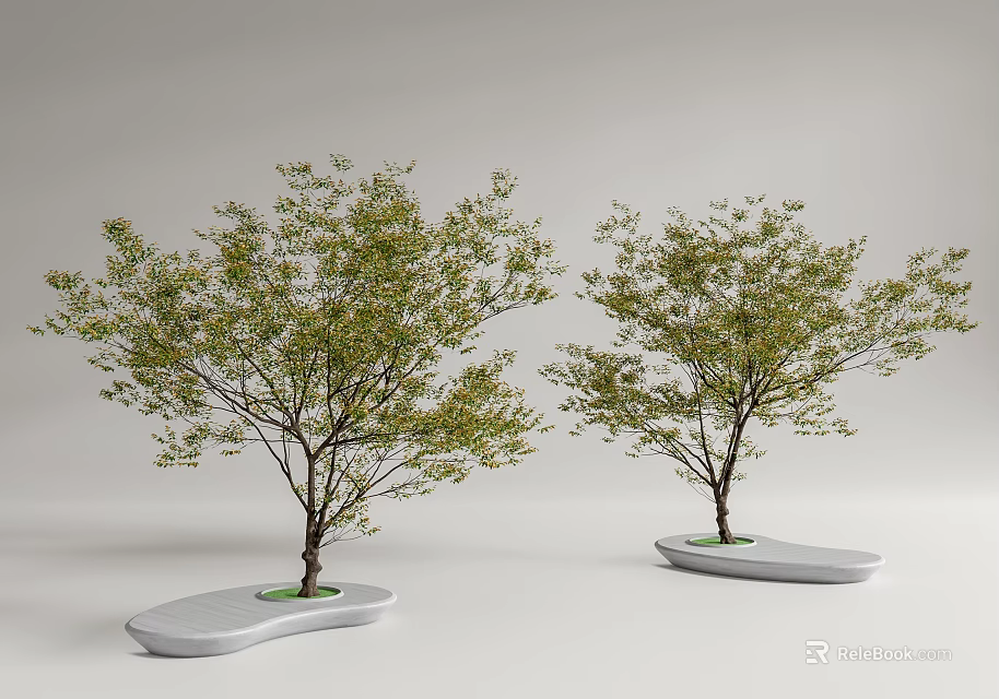 Modern Tree Planter Design With Green Trees And Oval White Base 3d model
