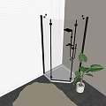 Shower Head in Glass Shower Enclosure with Black Frame White Tiles Window Blinds and Plant