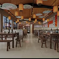 Chinese Restaurant Interior With Ceiling Umbrellas Lanterns Wooden Tables And Chairs