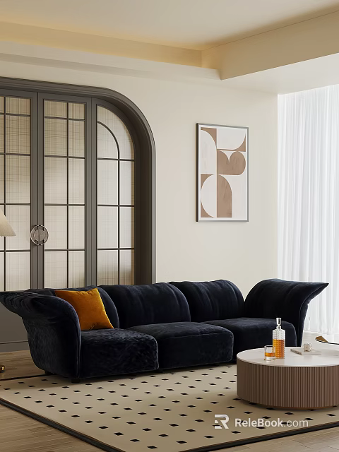 Black Velvet Sectional Sofa With Orange Cushion Arched Door And Geometric Wall Art 3d model 