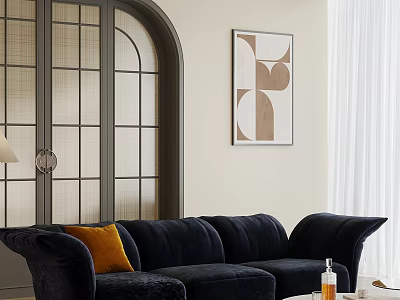 Black Velvet Sectional Sofa With Orange Cushion Arched Door And Geometric Wall Art 3d model
