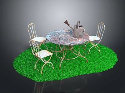 Outdoor Furniture Set With Round Table Four Chairs And Watering Can On Green Lawn 3d model