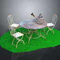 Outdoor Furniture Set With Round Table Four Chairs And Watering Can On Green Lawn