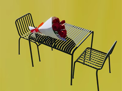 Black Metal Table and Chairs Set with Red Flower Bouquet on Yellow Background 3d model