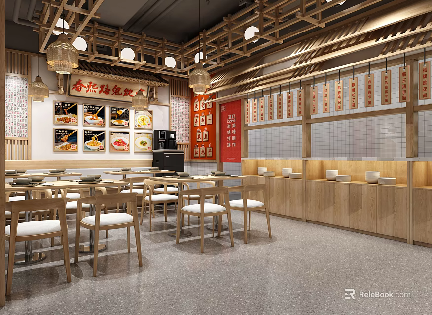 Traditional Chinese Restaurant Interior With Wooden Decorations Wall Menus Dining Tables And Hanging Lanterns 3d model 