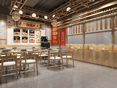 Traditional Chinese Restaurant Interior With Wooden Decorations Wall Menus Dining Tables And Hanging Lanterns 3d model