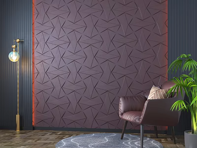 Dark Textured Background Wall with Geometric Pattern Brown Leather Chair Floor Lamp and Green Plant 3d model